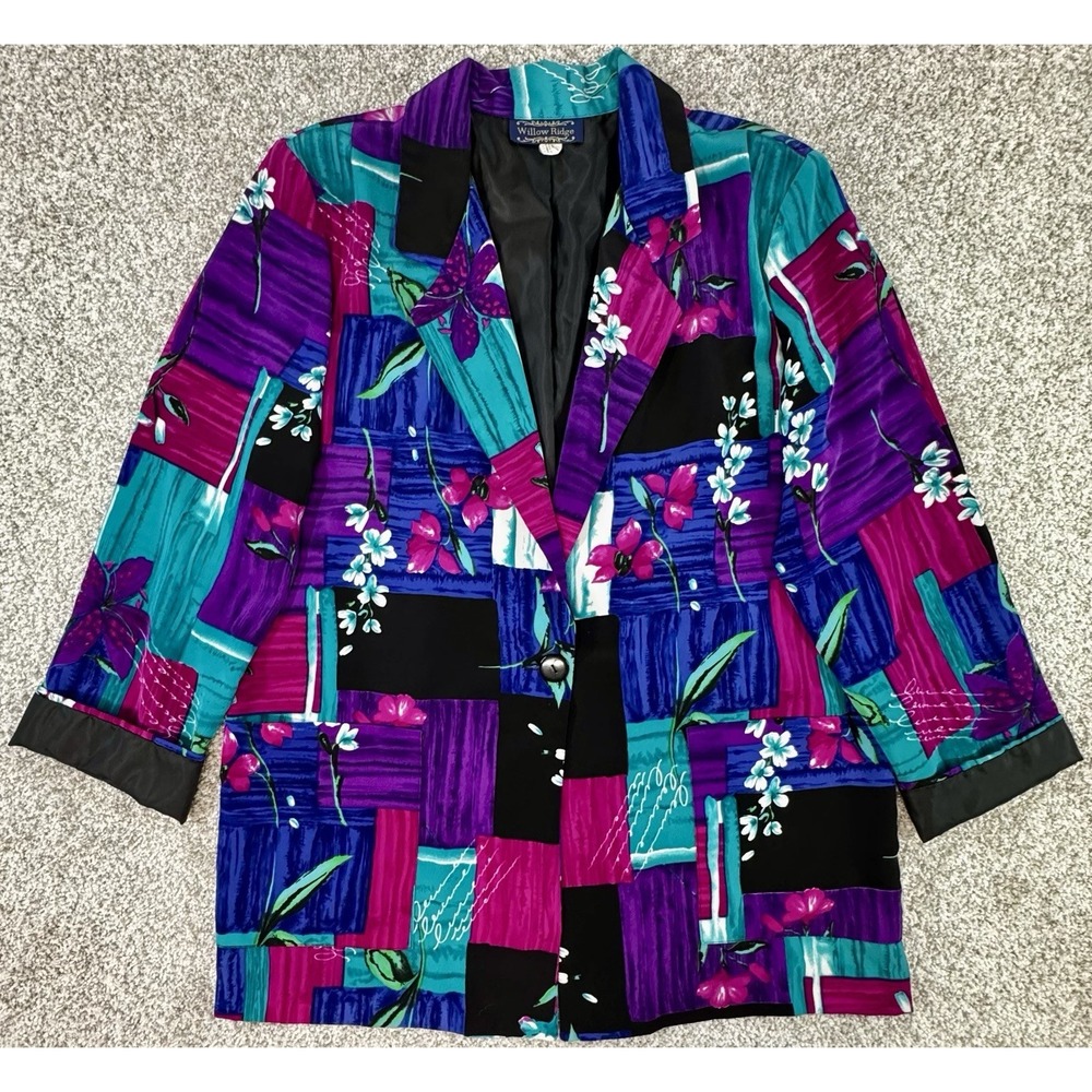 Willow Ridge Patchwork Blazer Womens Large Purple Vintage Floral Jacket 90s - Picture 1 of 6